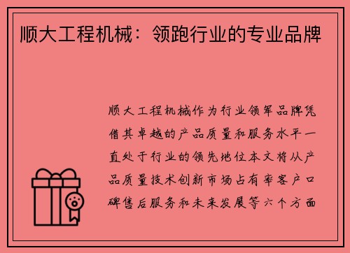 顺大工程机械：领跑行业的专业品牌