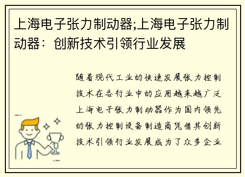 上海电子张力制动器;上海电子张力制动器：创新技术引领行业发展